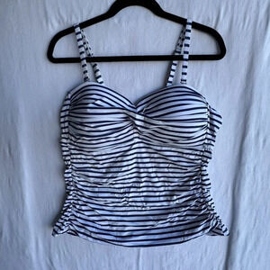 Navy & White Striped Ruched Tankini Top - Padded, Adjustable Straps, Size XXL